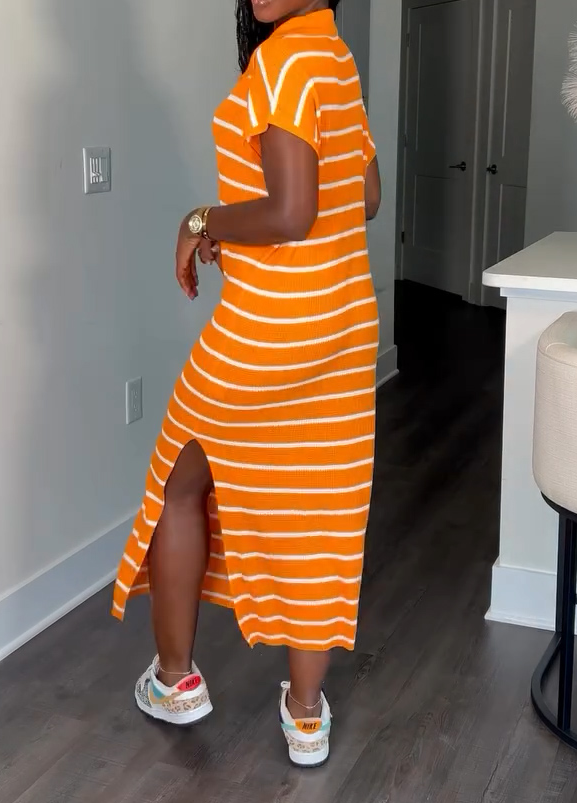 Cute striped polo shirt collar casual dress