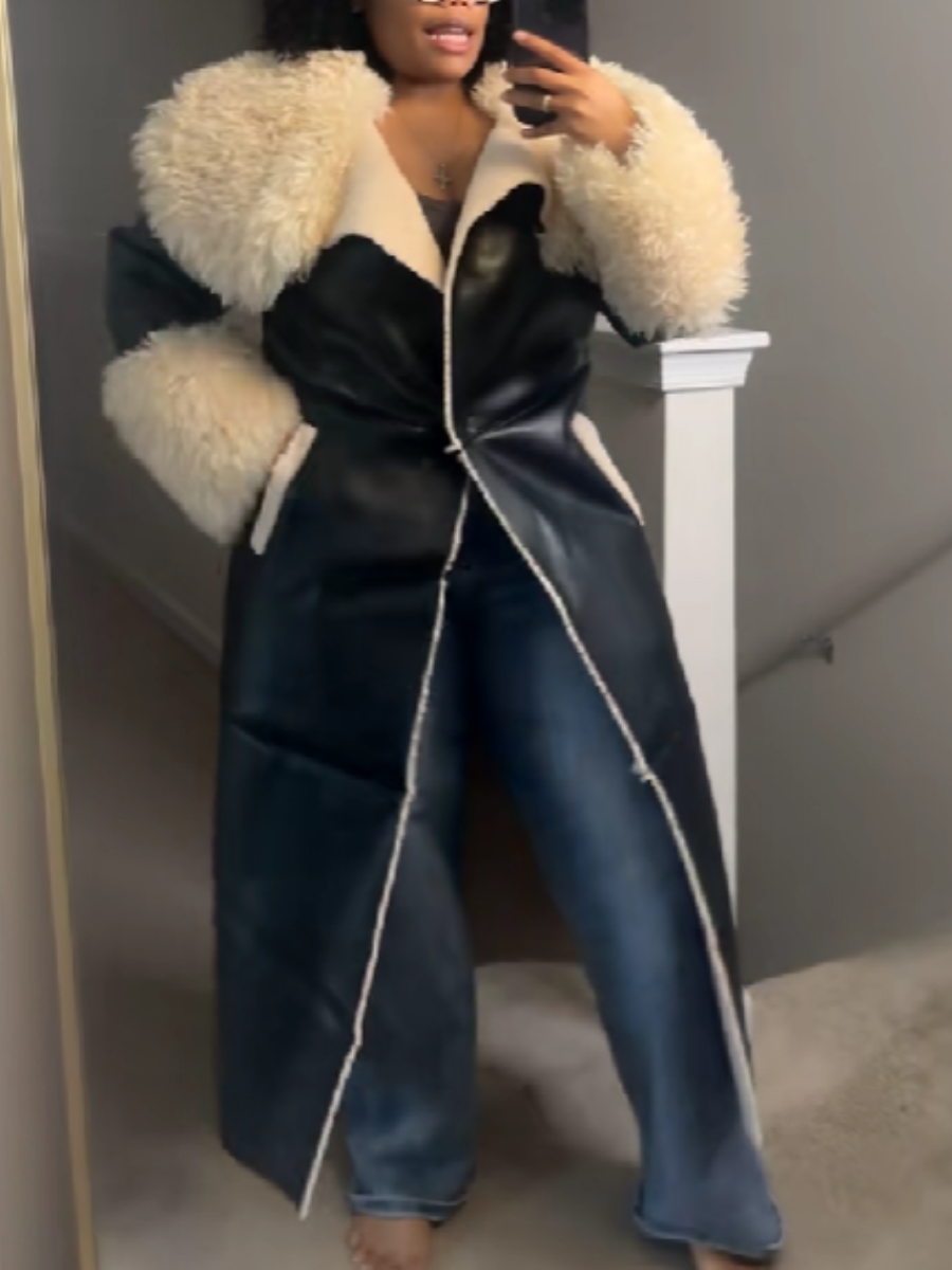 Faux Leather Patchwork Plush Long Jacket