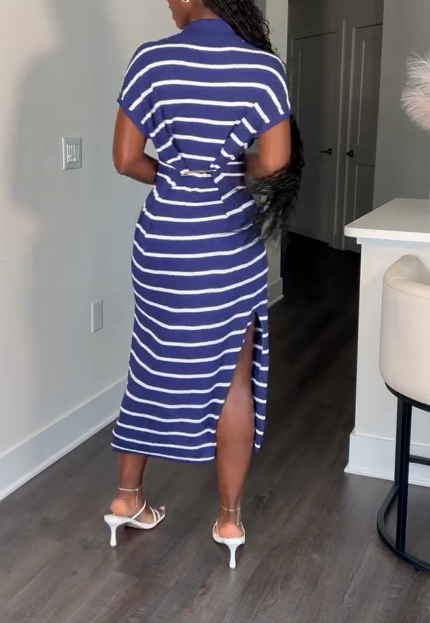 Cute striped polo shirt collar casual dress