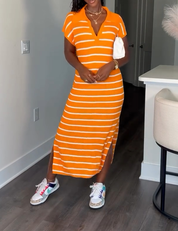 Cute striped polo shirt collar casual dress